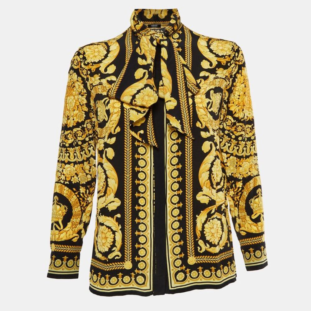 Versace Black/gold Barocco Print Silk Bow Tie Up Shirt Xs